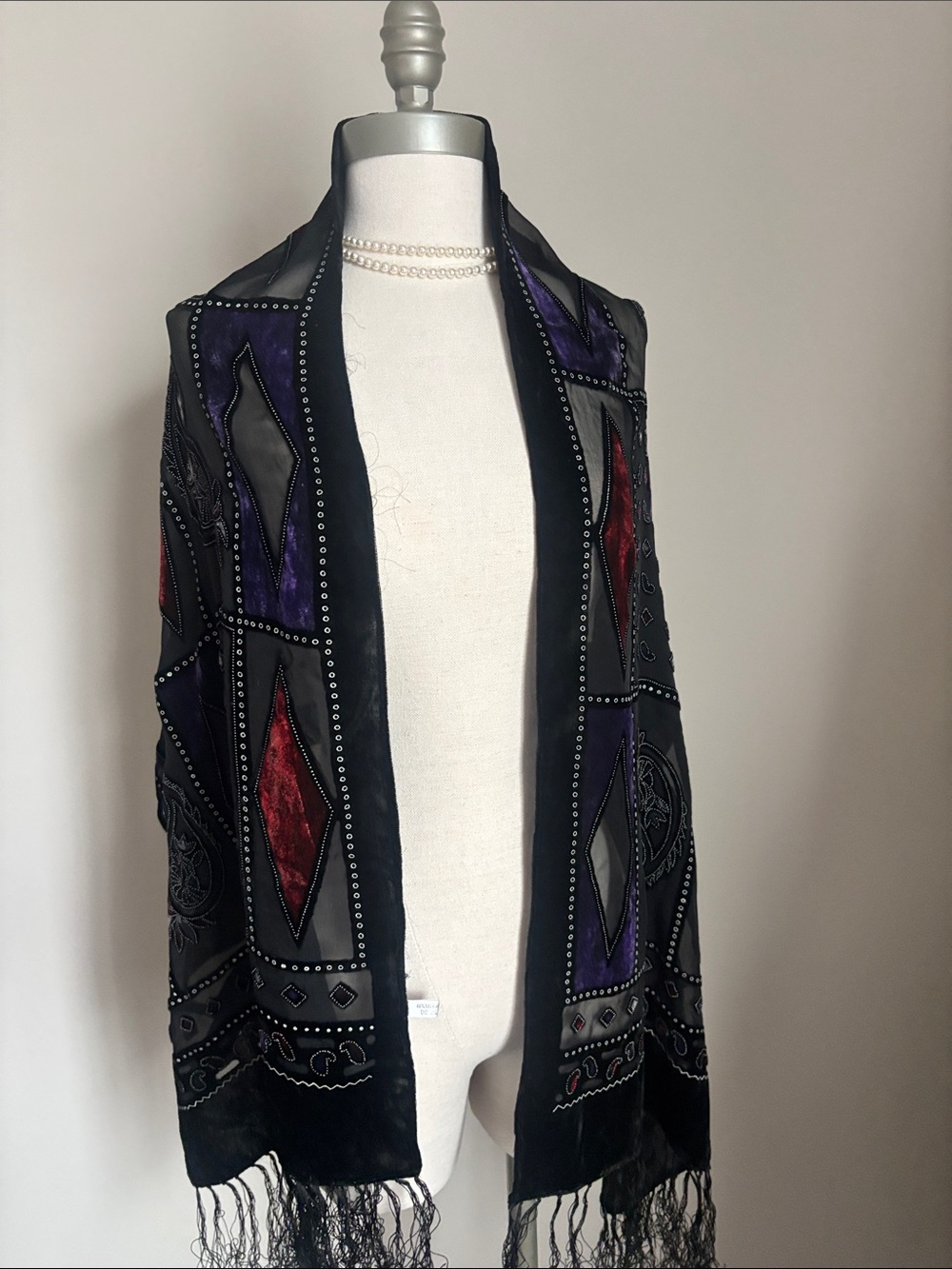 Vintage 90s Black Velvet Embroidered Fringe Silk Blend Scarf
